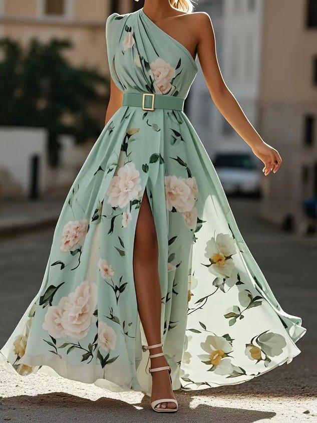 Sella - Ruched One Shoulder A-Line Maxi Chiffon Dress — view 2