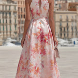 Violetta - Midi Dress with Halter in Watercolour Floral Pattern — view 2