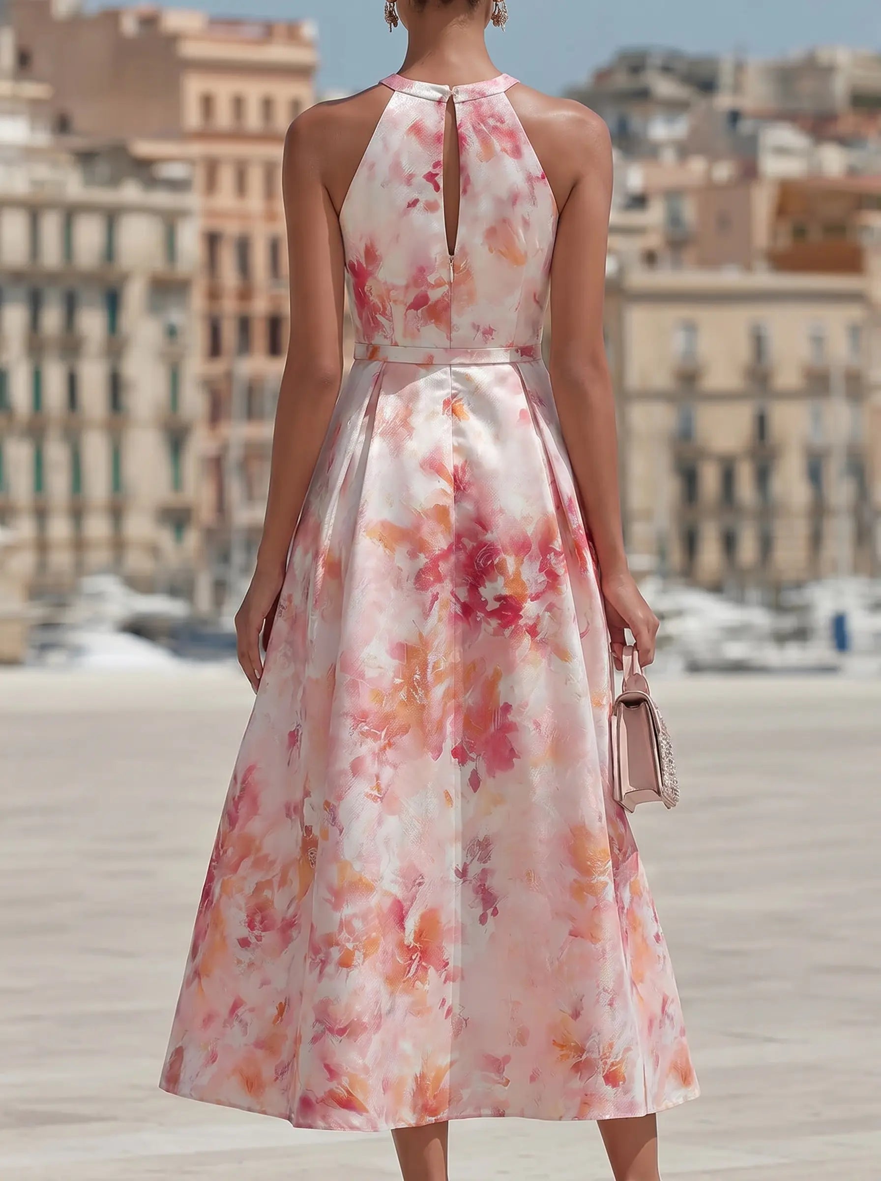 Violetta - Midi Dress with Halter in Watercolour Floral Pattern — view 2