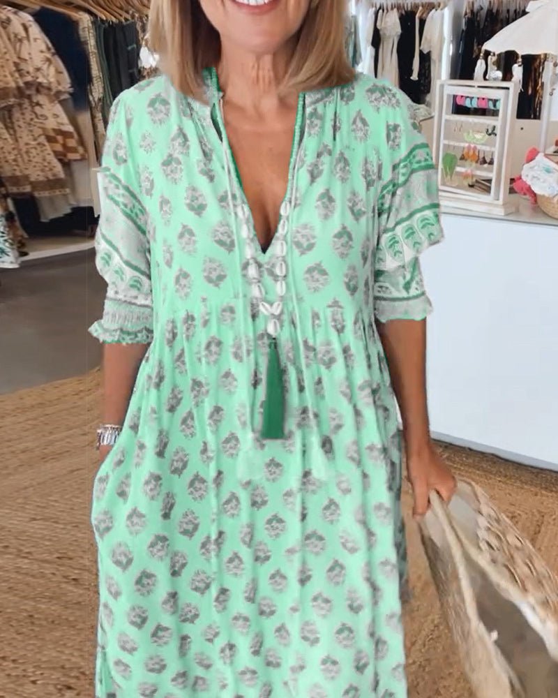 MANA | Midi Dress with Floral Print and V-Neck — view 7