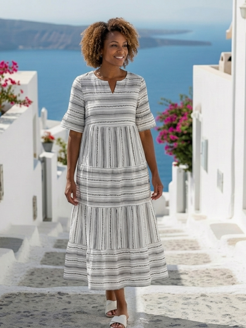 Parisa | Short Sleeve Striped Tiered Midi Dress — view 4