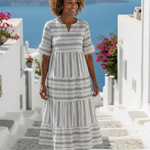 Parisa | Short Sleeve Striped Tiered Midi Dress — view 4