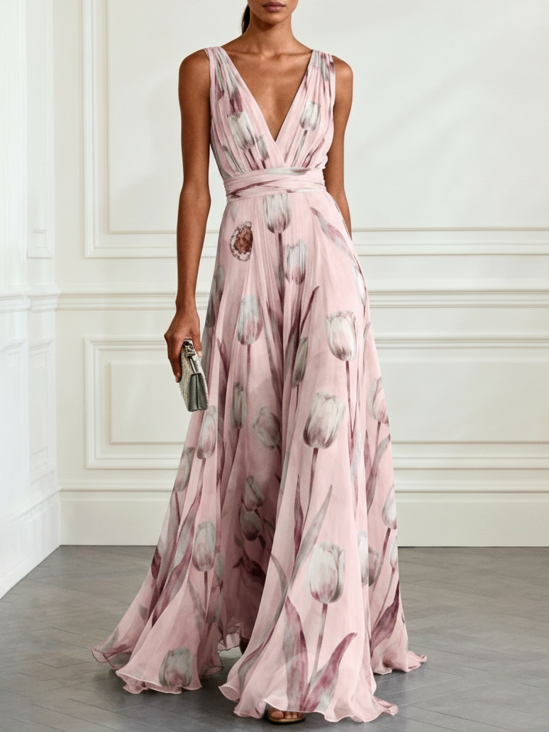 Nikau - Elegant Tulip Print V-neck Maxi Dress — view 2