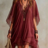 Green Chiffon Mini Dress with V-Neck