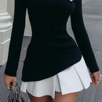 Black and White Mini Dress with Bow and Pleated Skirt — view 4