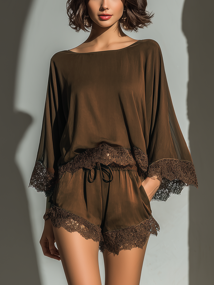 Alice - Chocolate Satin Boat Neck Top & Shorts Set — view 4