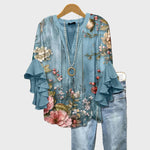 Blue Floral Ruffle-Sleeve Blouse