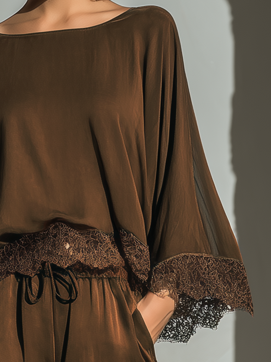 Alice - Chocolate Satin Boat Neck Top & Shorts Set — view 5