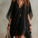 Green Chiffon Mini Dress with V-Neck