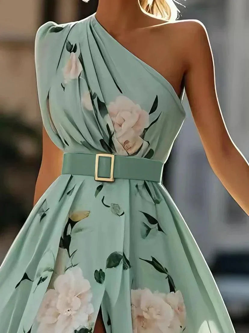 Sella - Ruched One Shoulder A-Line Maxi Chiffon Dress — view 10