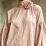 Pink Mini Dress with High Collar and Lantern Sleeves — view 2