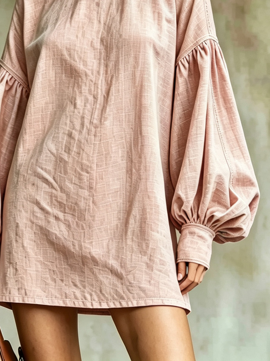 Pink Mini Dress with High Collar and Lantern Sleeves — view 3