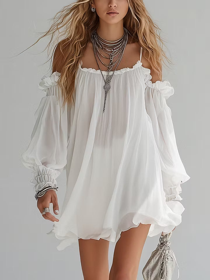 Bohemian and Fluid Mini Dress with Cut-Out Shoulders