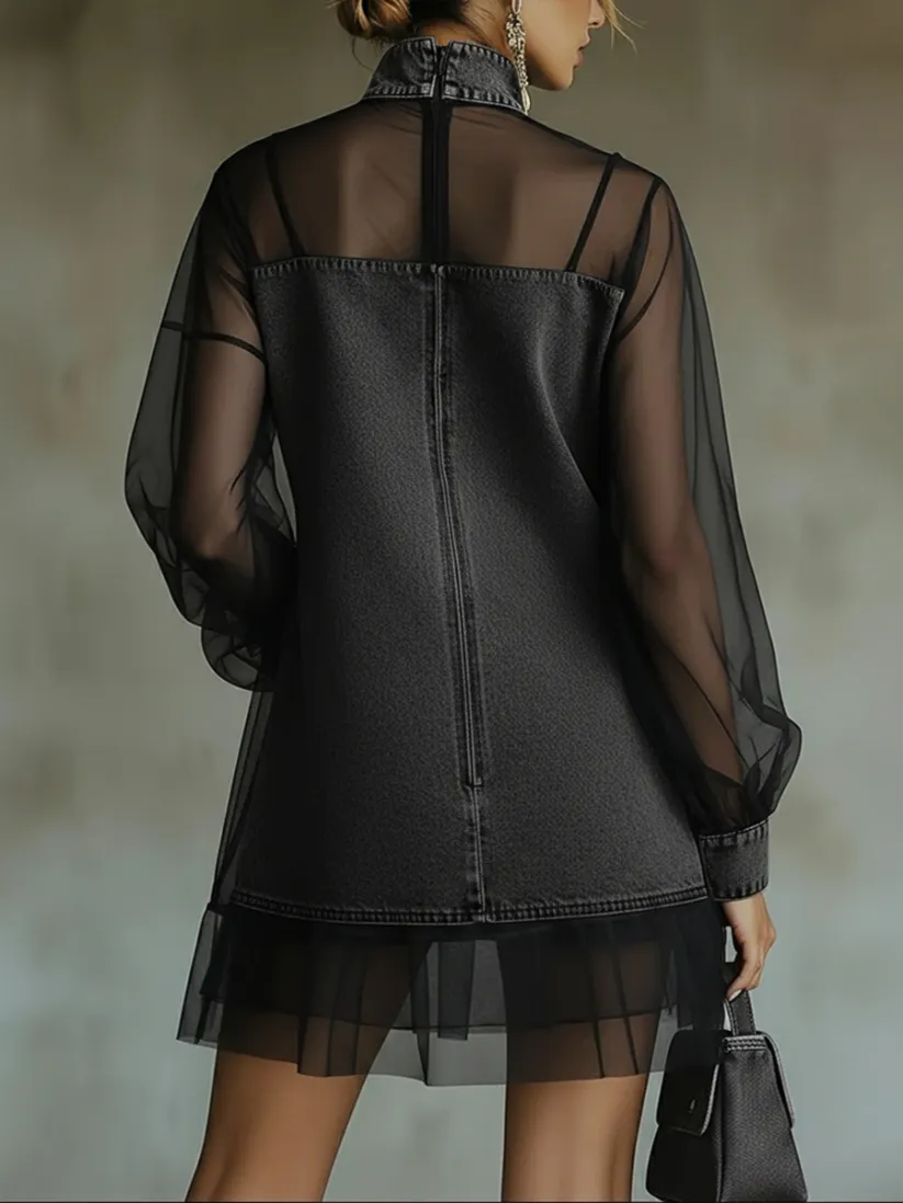 Denim and Tulle Mini Dress with High Collar — view 4