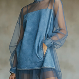 Denim and Tulle Mini Dress with High Collar