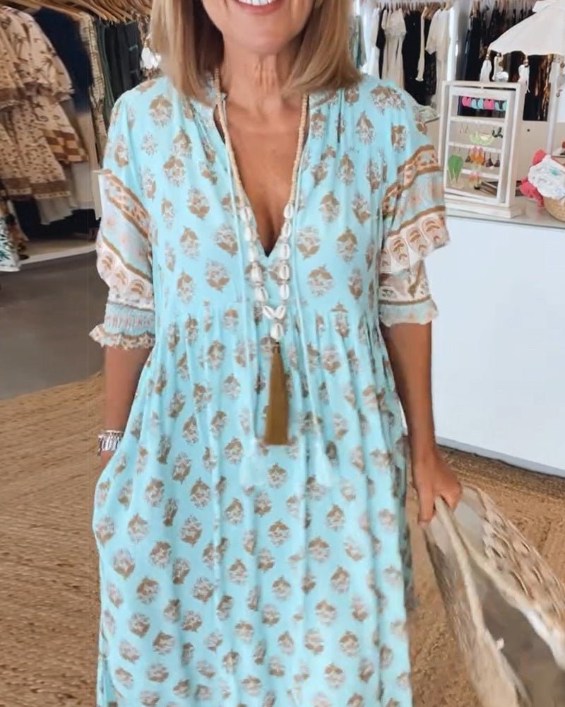 MANA | Midi Dress with Floral Print and V-Neck — view 5