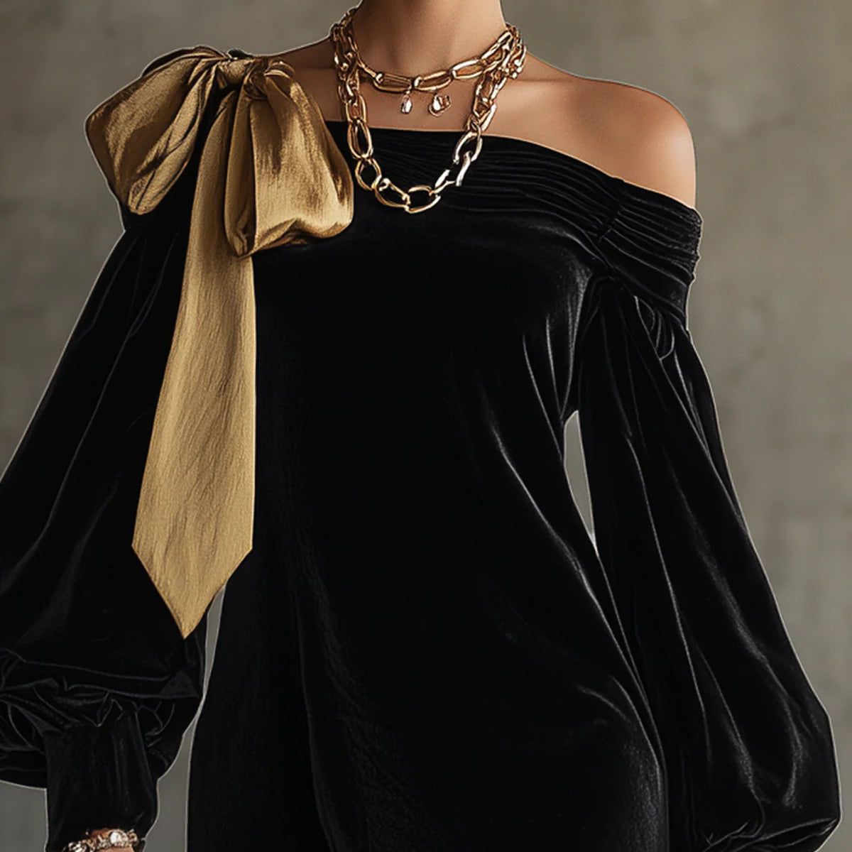 Black Velvet and Gold Satin Mini Dress with Off-the-Shoulder Neckline — view 2