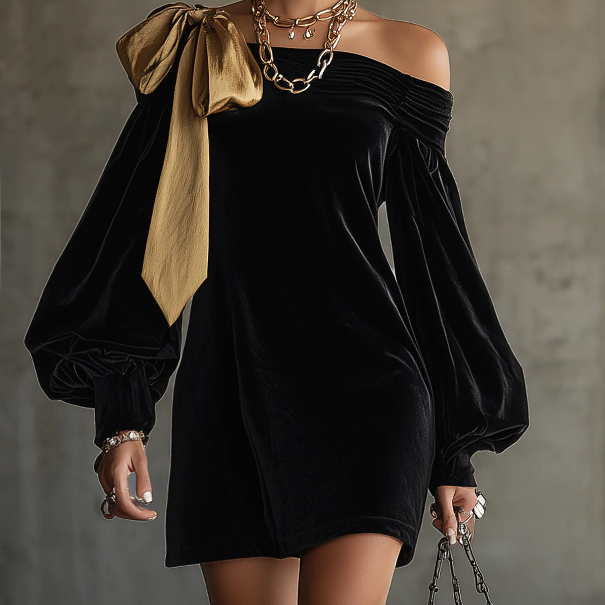 Black Velvet and Gold Satin Mini Dress with Off-the-Shoulder Neckline
