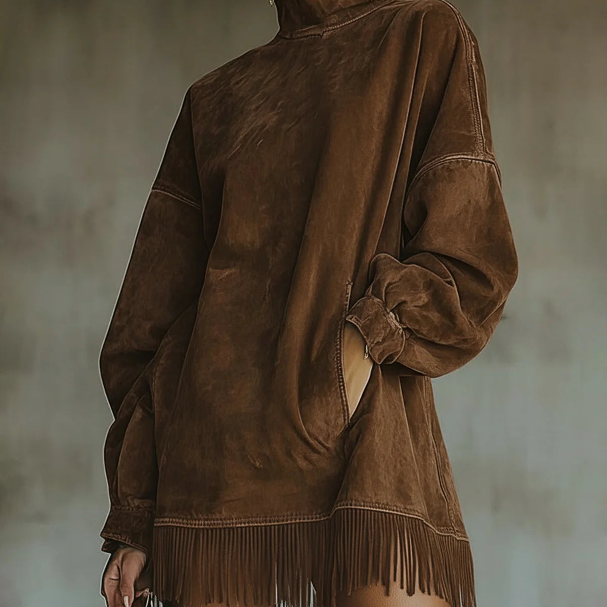 Suede Dress with High Neck and Fringes — view 2