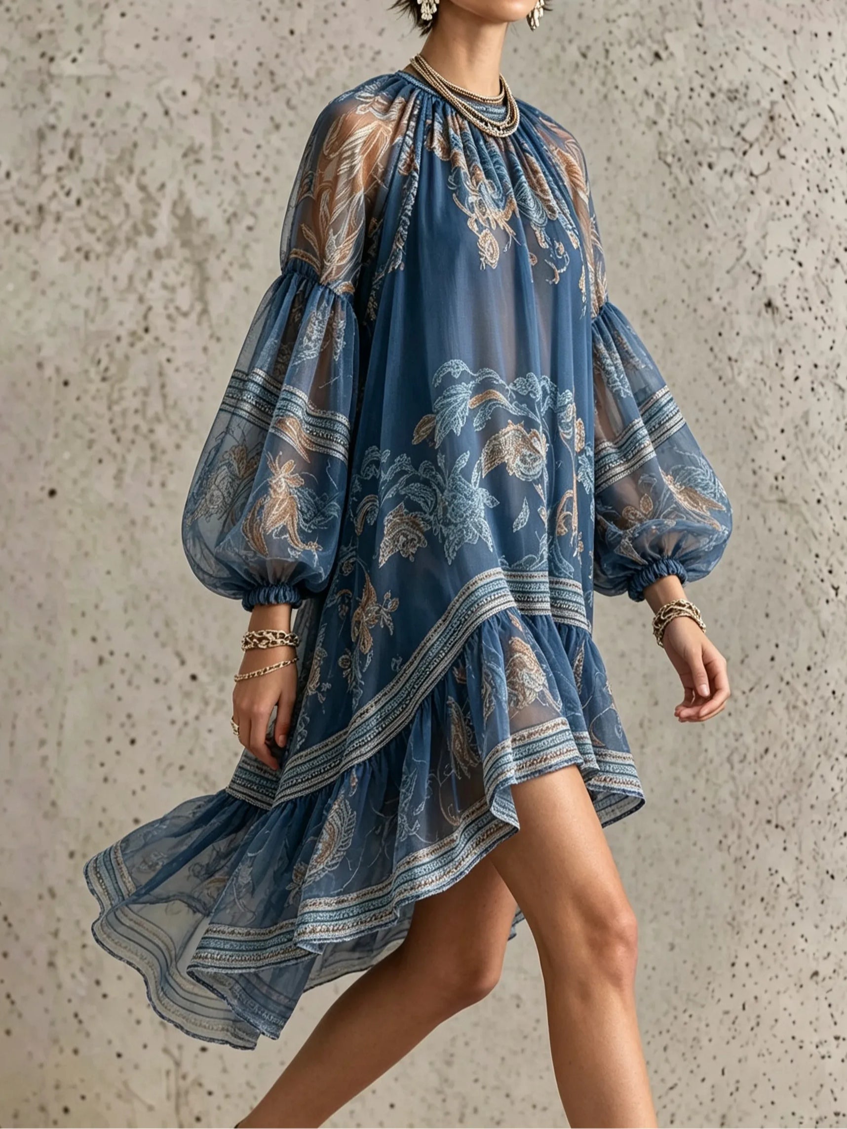 Retro Chiffon Dress with Print and Long Sleeves — view 2