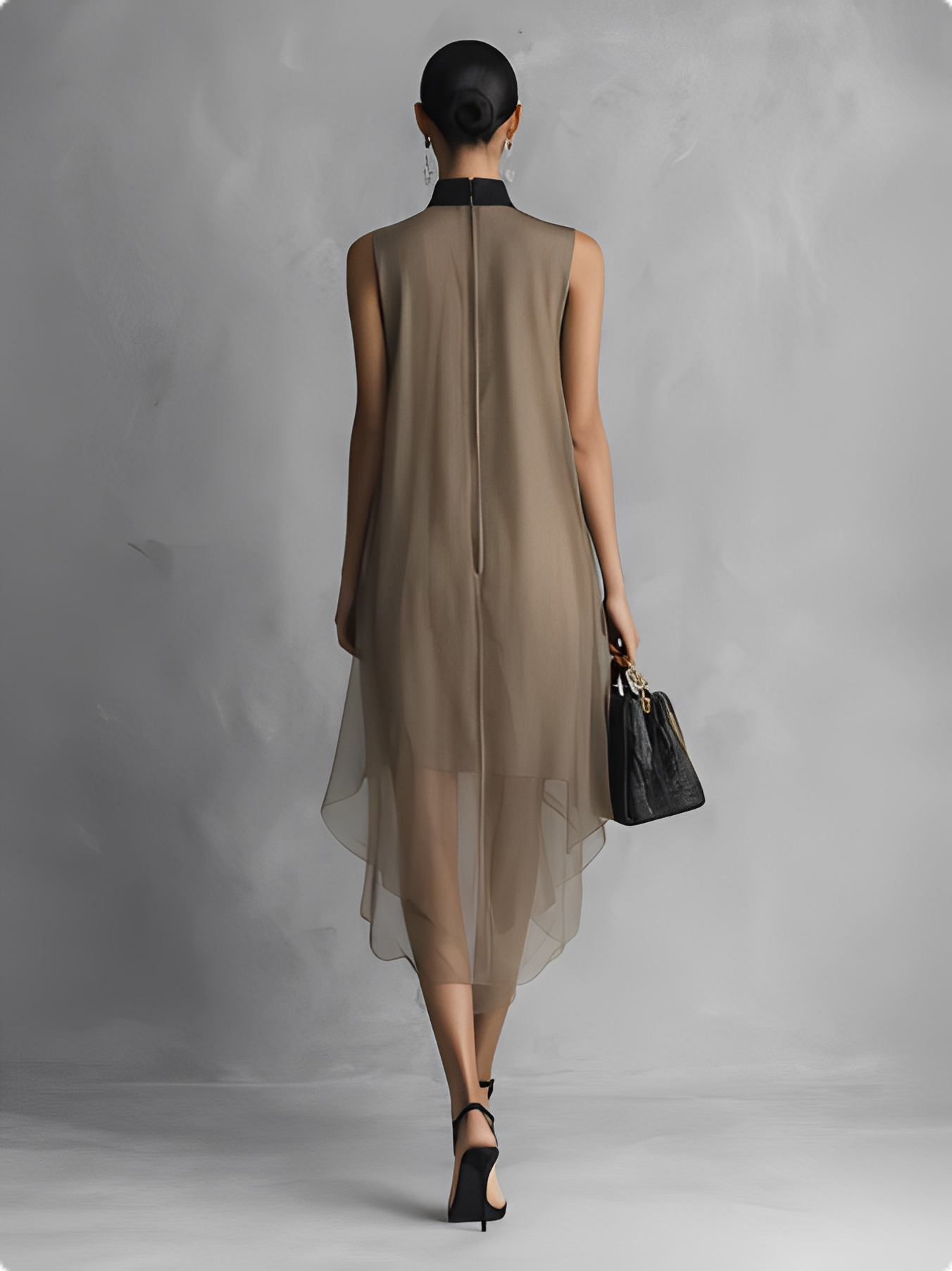 Beatrice - Lightweight Luxury Two-Tone Khaki and Brown Chiffon Sleeveless Dress — view 5