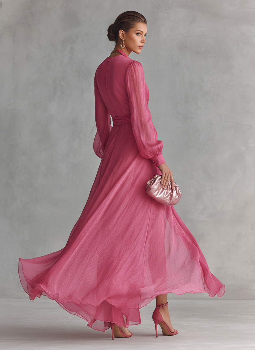 Rose Chiffon Dress with V-Neck — view 5