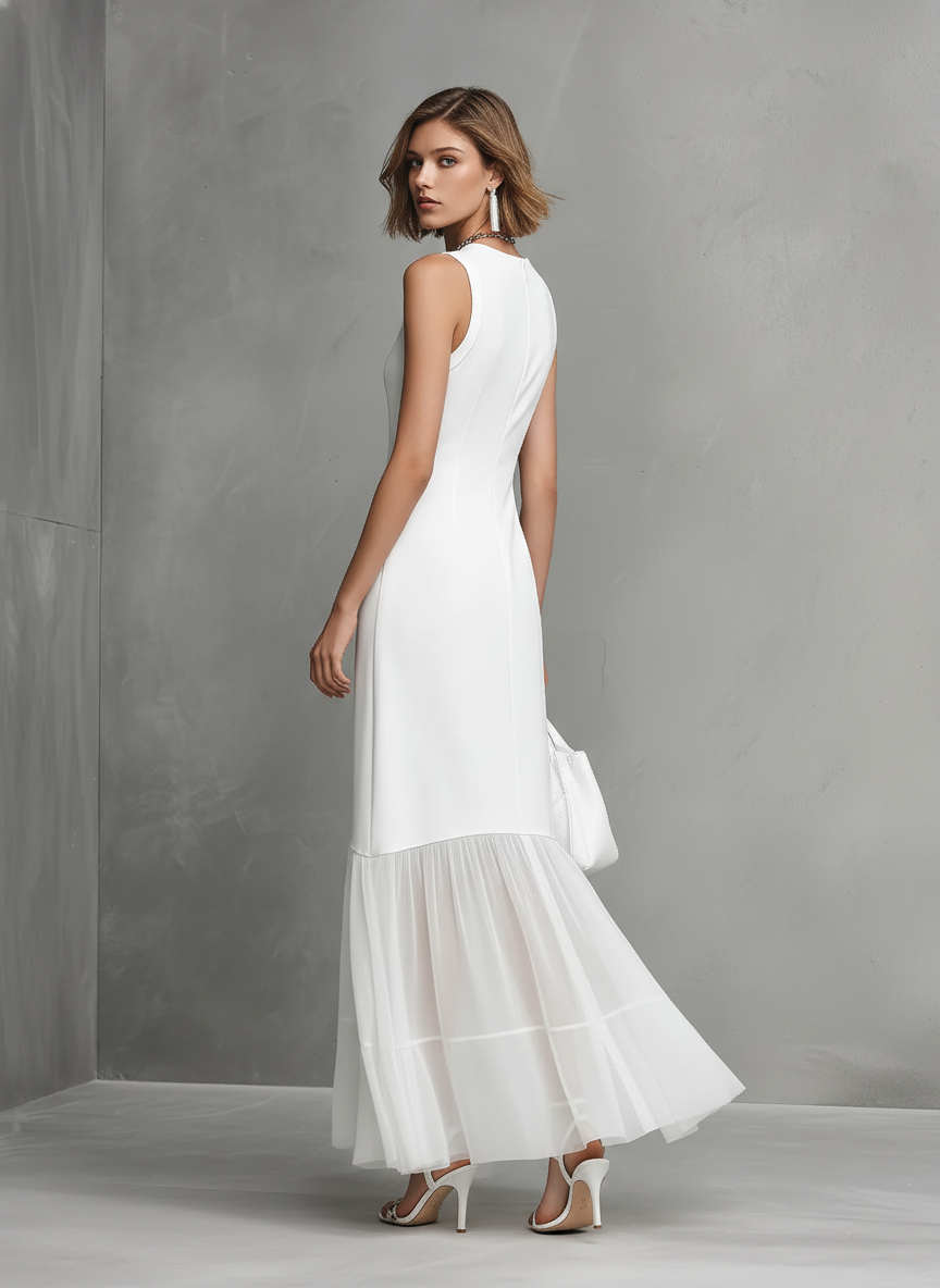 Elegant White Sleeveless Dress for Women with Milk Silk and Chiffon Panels — view 5