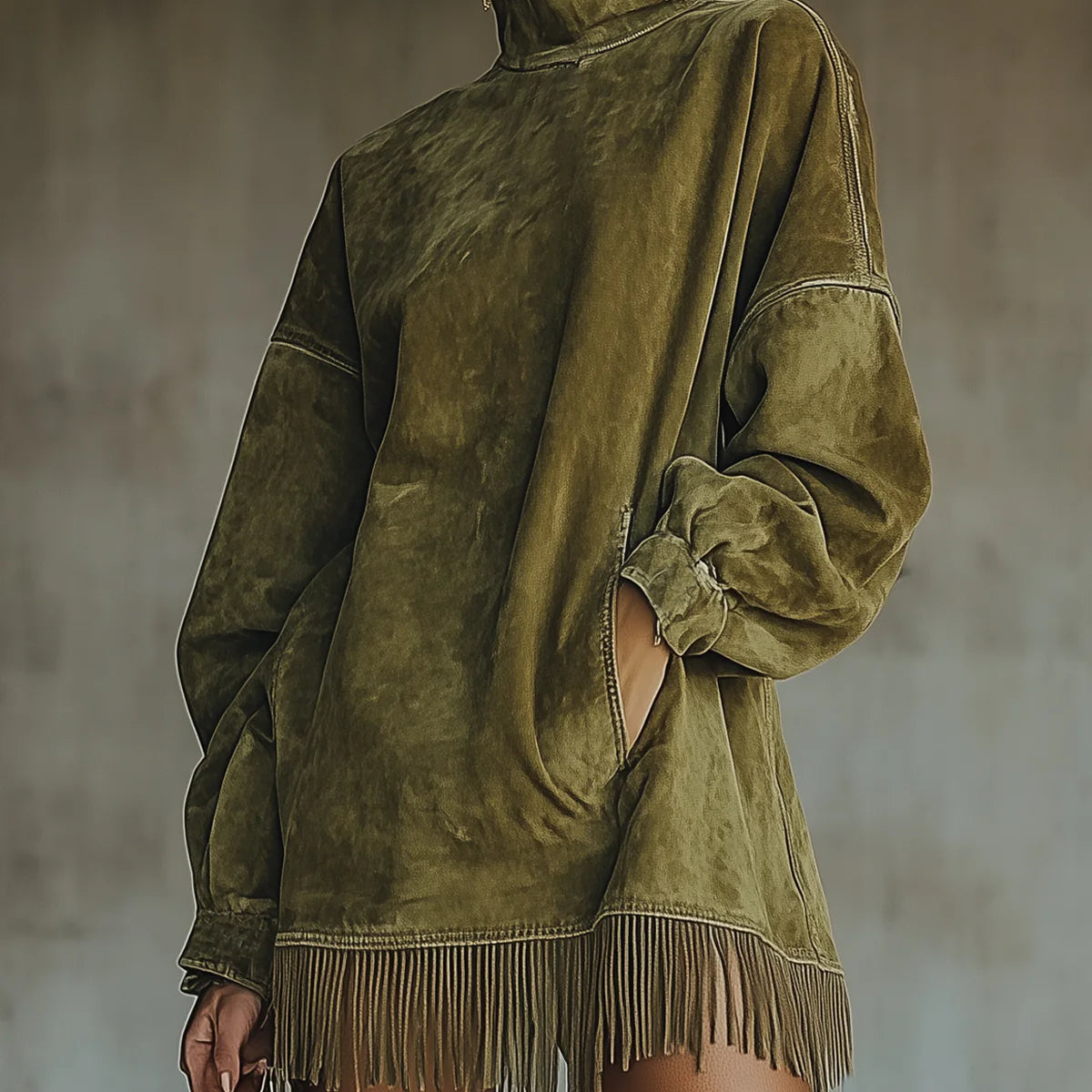 Suede Dress with High Neck and Fringes