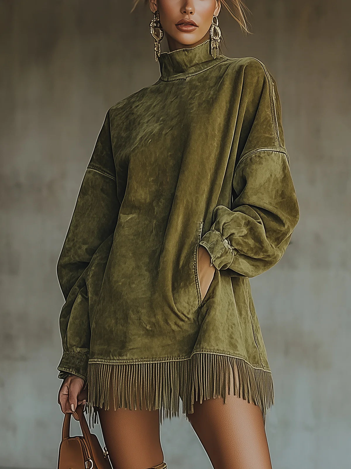 Suede Dress with High Neck and Fringes