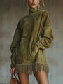 Suede Dress with High Neck and Fringes
