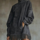 Suede Dress with High Neck and Fringes — view 3