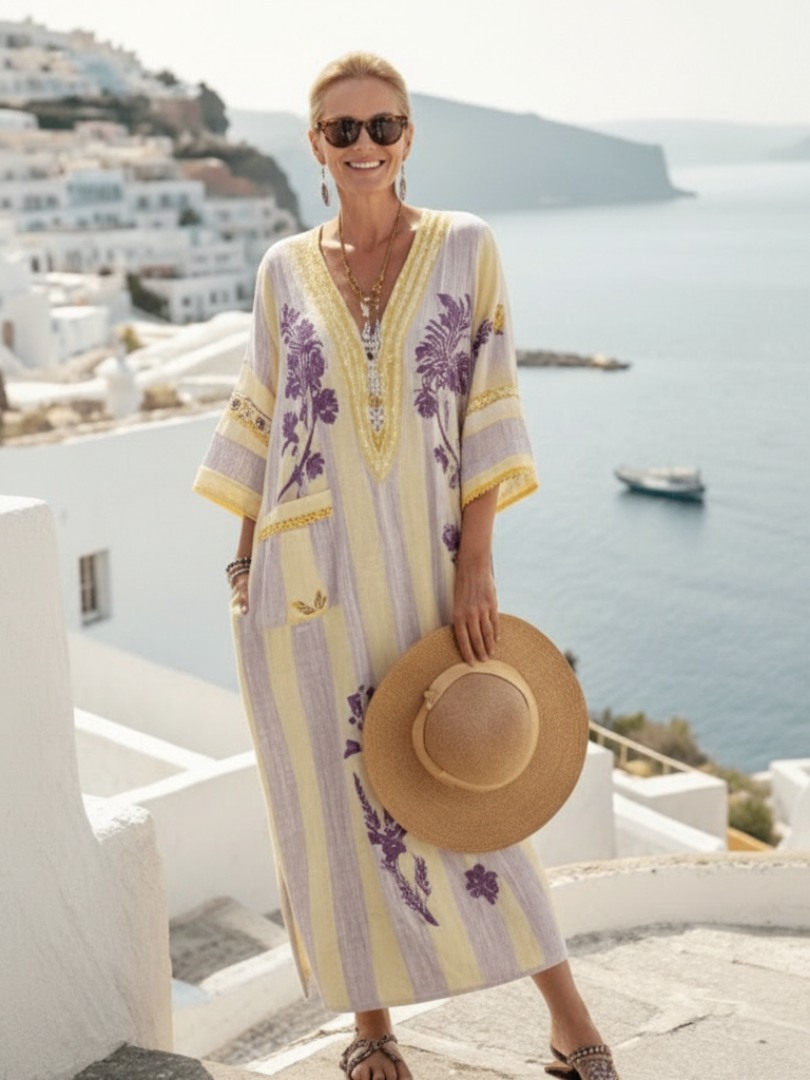 Aurelia | V Neck Half Sleeve Striped Floral Maxi Dress — view 3