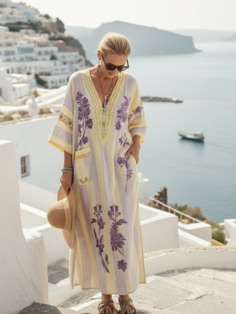 Aurelia | V Neck Half Sleeve Striped Floral Maxi Dress — view 4