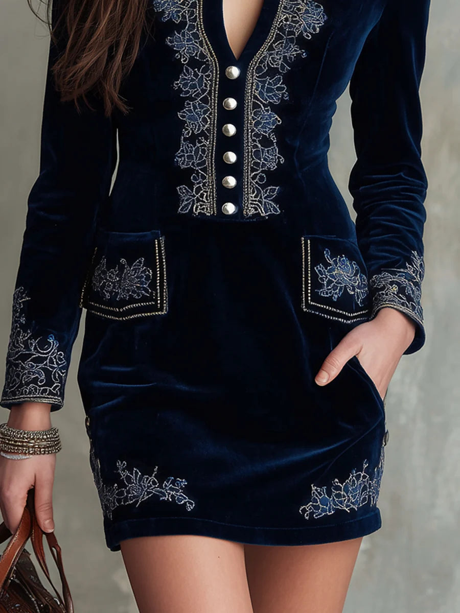 Mini Embroidered Velvet Dress with Retro Touch — view 3