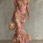 Jill - Vintage Rose Print Puff Sleeve Maxi Dress