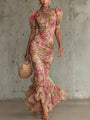 Jill - Vintage Rose Print Puff Sleeve Maxi Dress
