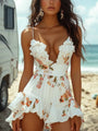 Dress with Floral Frills, V-Neck and Asymmetric Hem