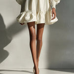 Beige Satin Mini Dress with Puffed Sleeves and Ruffles — view 3