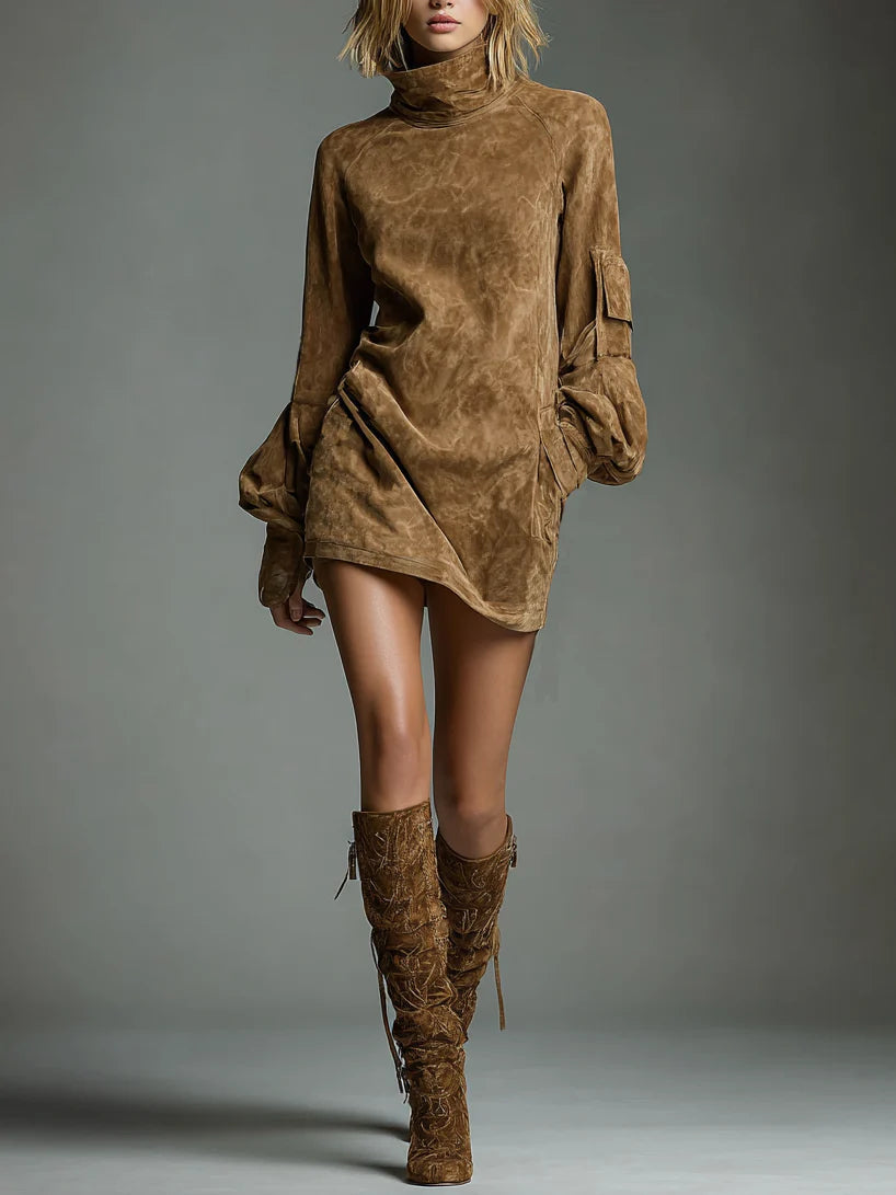 Retro Suede Mini Dress with Turtleneck