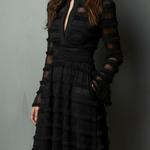 Black Mini Dress with Fringing and Sheer Layers — view 3