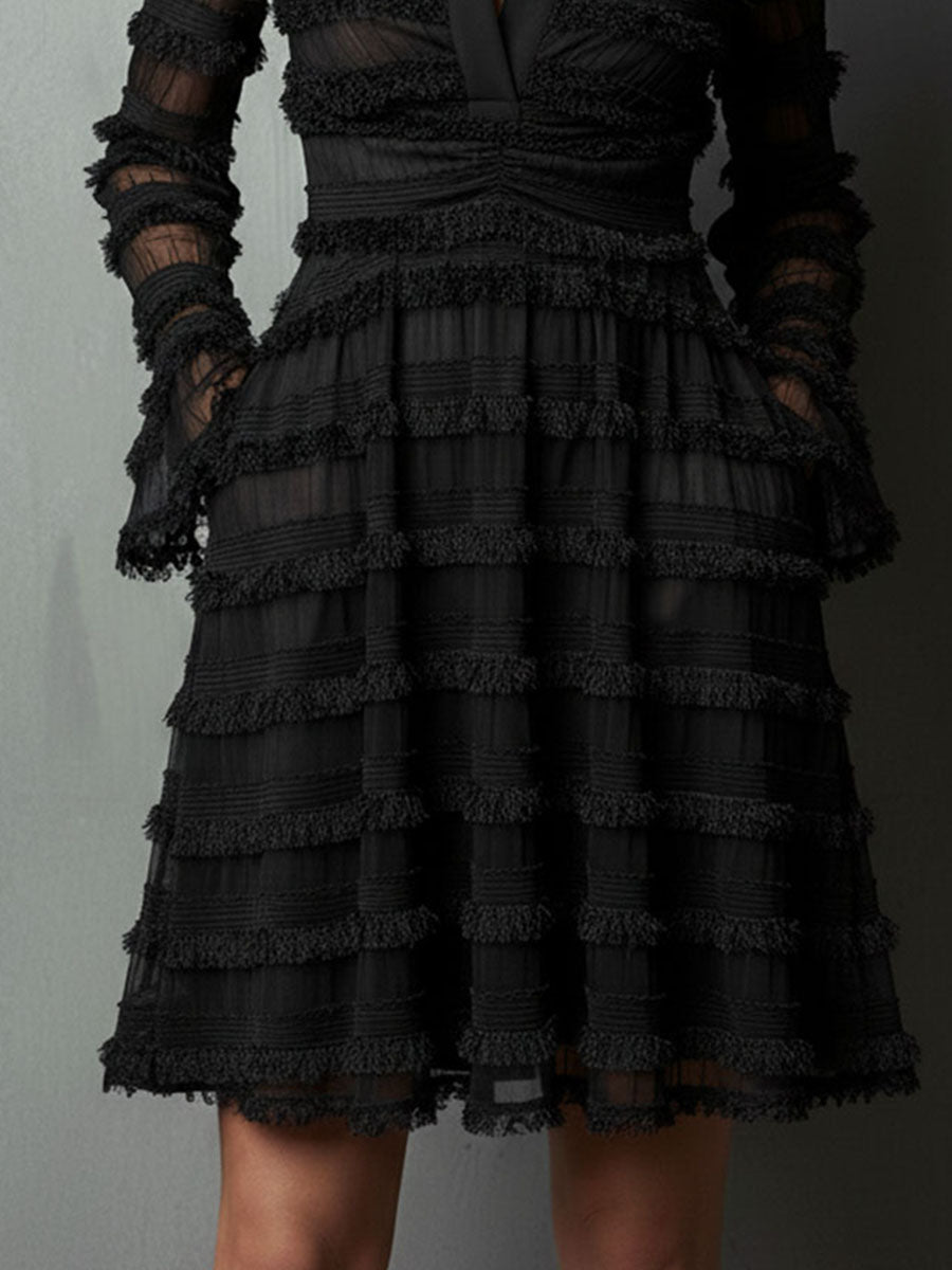 Black Mini Dress with Fringing and Sheer Layers — view 7