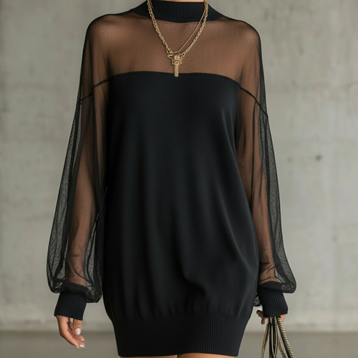 Black Mesh Mini Dress with Sheer Sleeves and High Neck — view 2