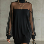 Black Mesh Mini Dress with Sheer Sleeves and High Neck — view 2