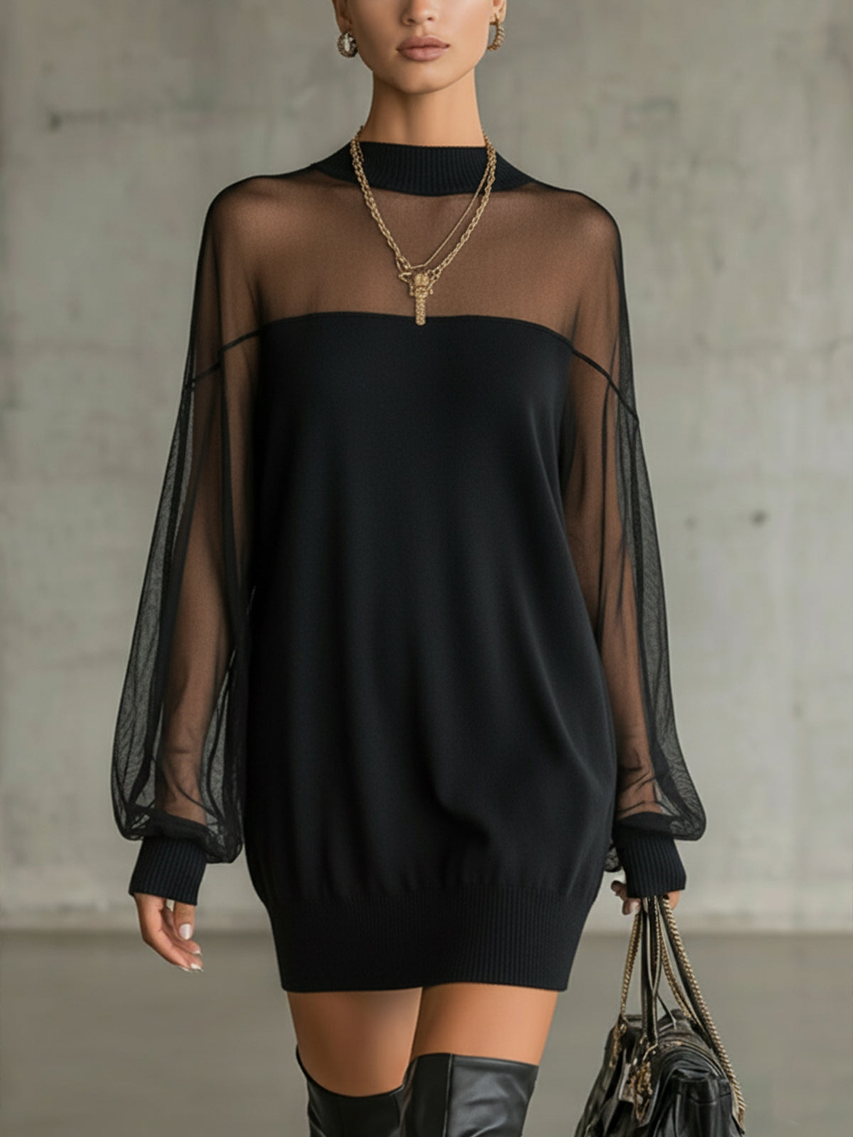 Black Mesh Mini Dress with Sheer Sleeves and High Neck — view 2