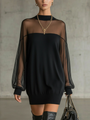 Black Mesh Mini Dress with Sheer Sleeves and High Neck — view 2