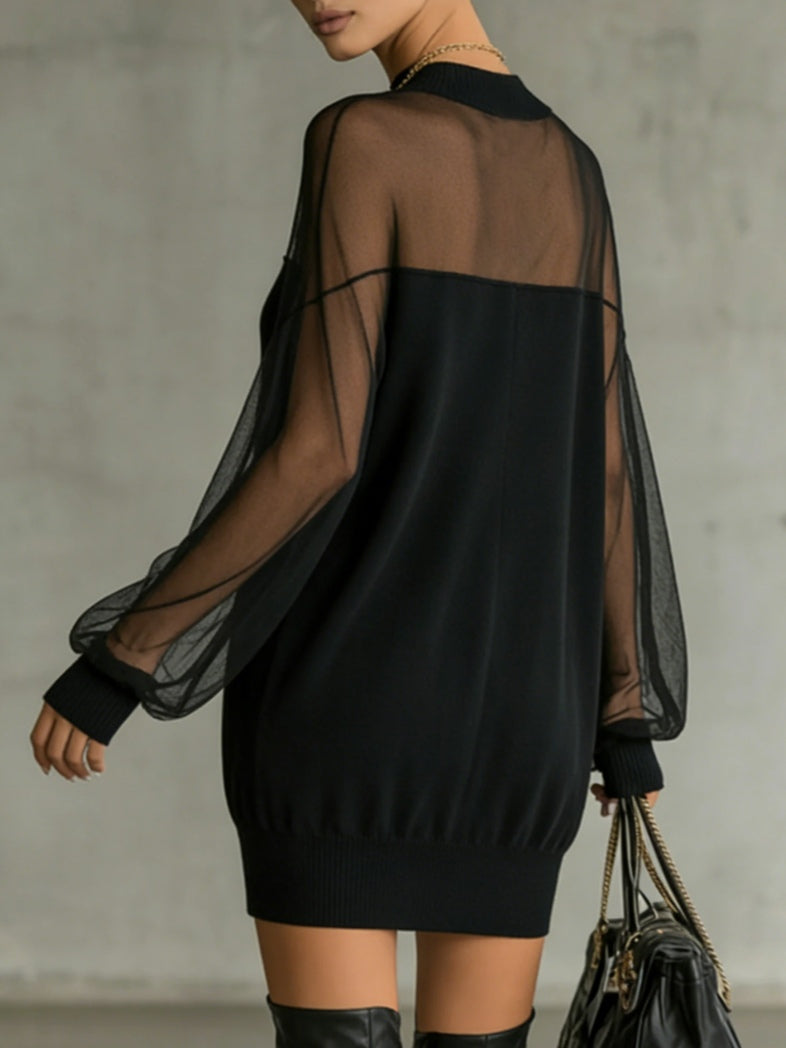 Black Mesh Mini Dress with Sheer Sleeves and High Neck — view 4