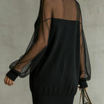 Black Mesh Mini Dress with Sheer Sleeves and High Neck — view 4