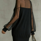 Black Mesh Mini Dress with Sheer Sleeves and High Neck — view 4