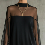 Black Mesh Mini Dress with Sheer Sleeves and High Neck — view 3