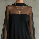 Black Mesh Mini Dress with Sheer Sleeves and High Neck — view 3